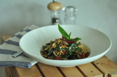 Close-up of breakfast served on table