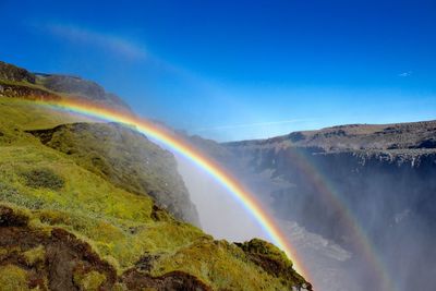 Low angle view of rainbow over mountain against blue sky