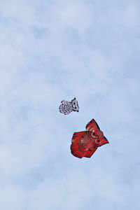 Low angle view of red bird flying against sky