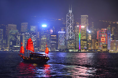 Hong kong skyline at night with traditional cruise at victoria harbor.