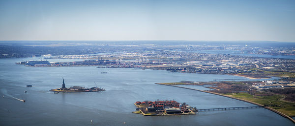 High angle view of ship in sea against clear sky