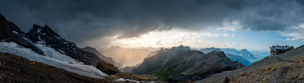 Panoramic view of snowcapped mountains against sky