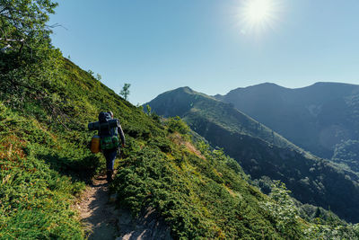 Rear view of man walking on mountain