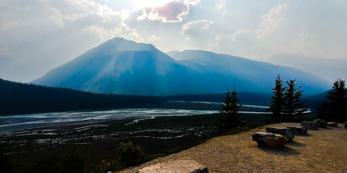 Panoramic view of land and mountains against sky