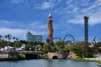 View of buildings by river against cloudy sky