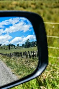 Trees on grassy field against cloudy sky