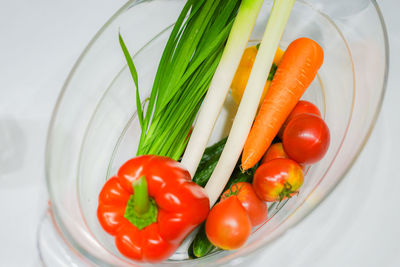 High angle view of bell peppers in plate