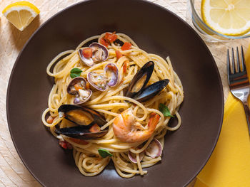 High angle view of food in plate on table