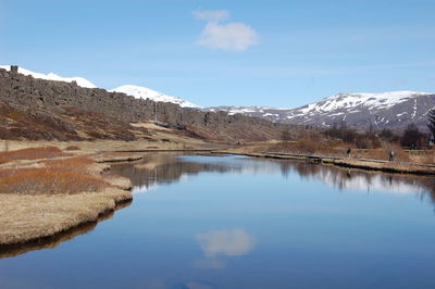 Scenic view of lake by mountains against sky