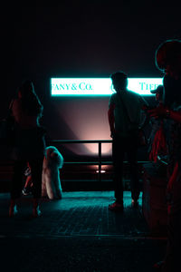 People standing on illuminated road sign at night