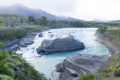 Rio paine waterfall view, torres del paine national park, chile. chilean patagonia landscape