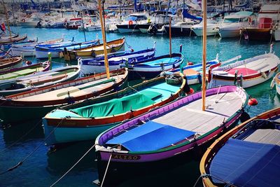 Colorful boats moored at harbor