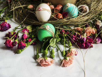 High angle view of easter eggs and decoration table