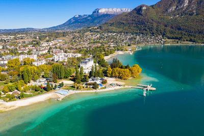 Aerial view of town by sea