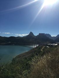 Scenic view of lake against blue sky