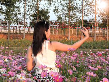 Rear view of woman using phone while standing amidst flowering plants