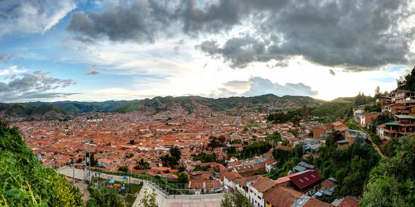 High angle shot of townscape against sky