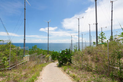 Footpath by sea against sky