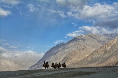 Group of people riding horses on mountain