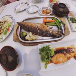 Close-up of served food on table