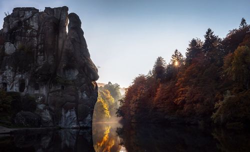 Reflection of trees in water against clear blue sky