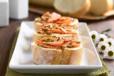 Close-up of food served on table