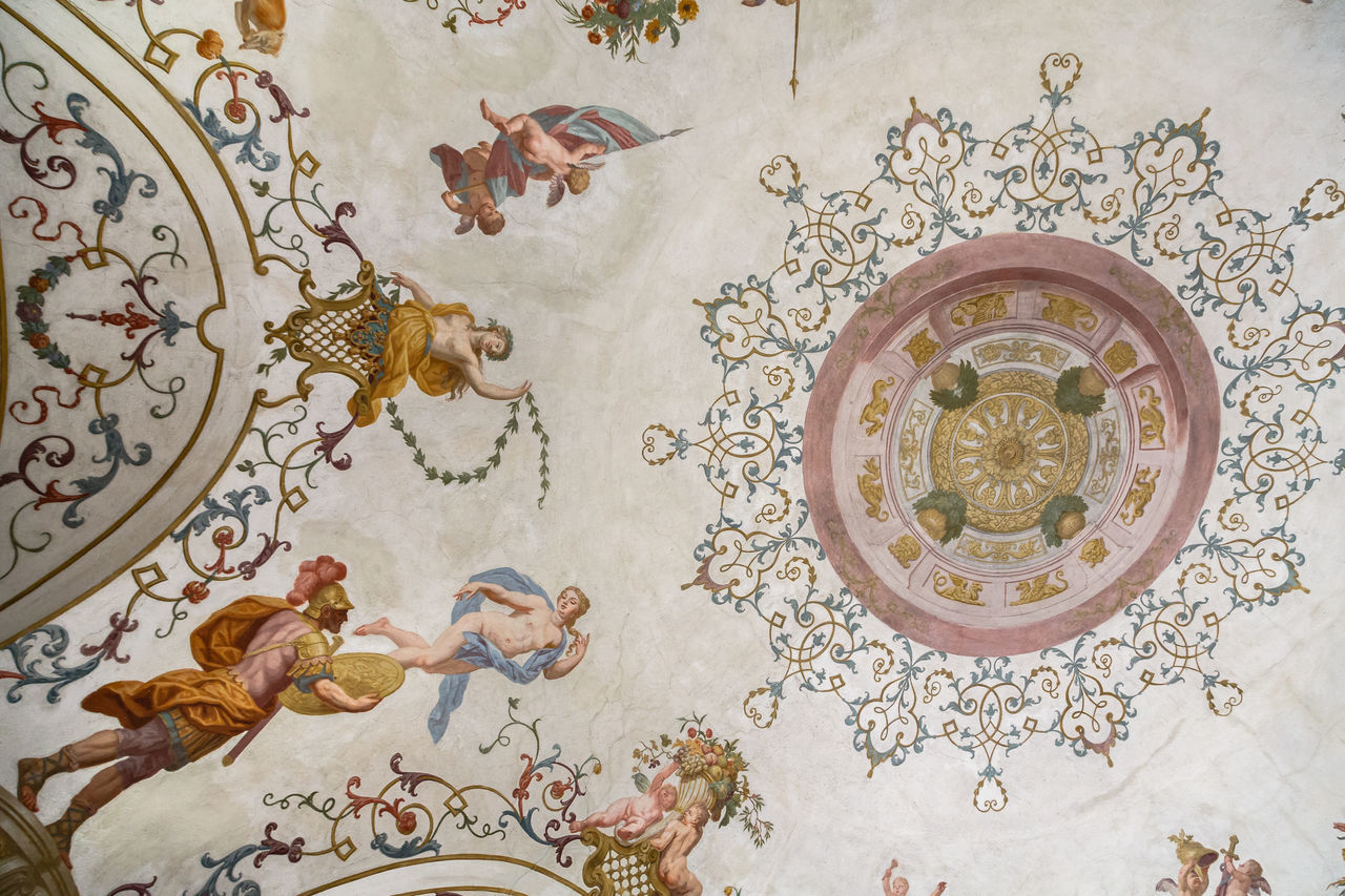 pattern, art, indoors, no people, mural, textile, floral pattern, tapestry, architecture, ceiling, creativity, flooring, representation, craft, wallpaper, ornate, built structure, wall - building feature, fresco, religion, decoration, needlework