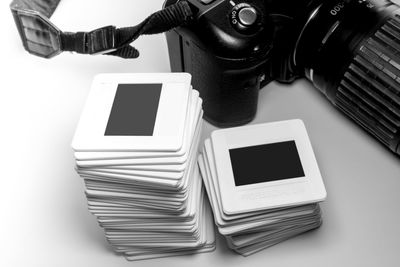 High angle view of camera on table