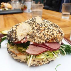 Close-up of bagel served on table