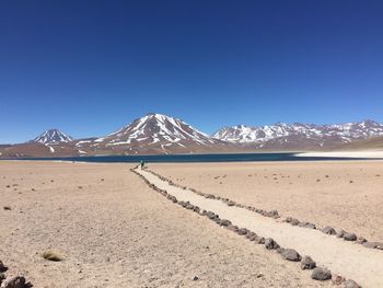 Scenic view of snowcapped mountains against clear blue sky