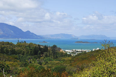 Scenic view of sea and mountains against sky