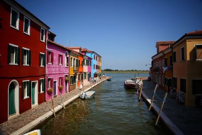 Boats on wooden post by houses against clear sky