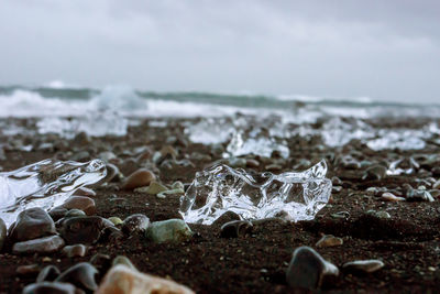 Close-up of water on beach against sky