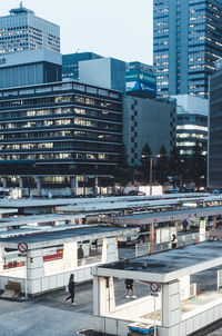 High angle view of cityscape against clear sky