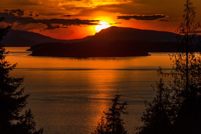 Scenic view of sea against romantic sky at sunset