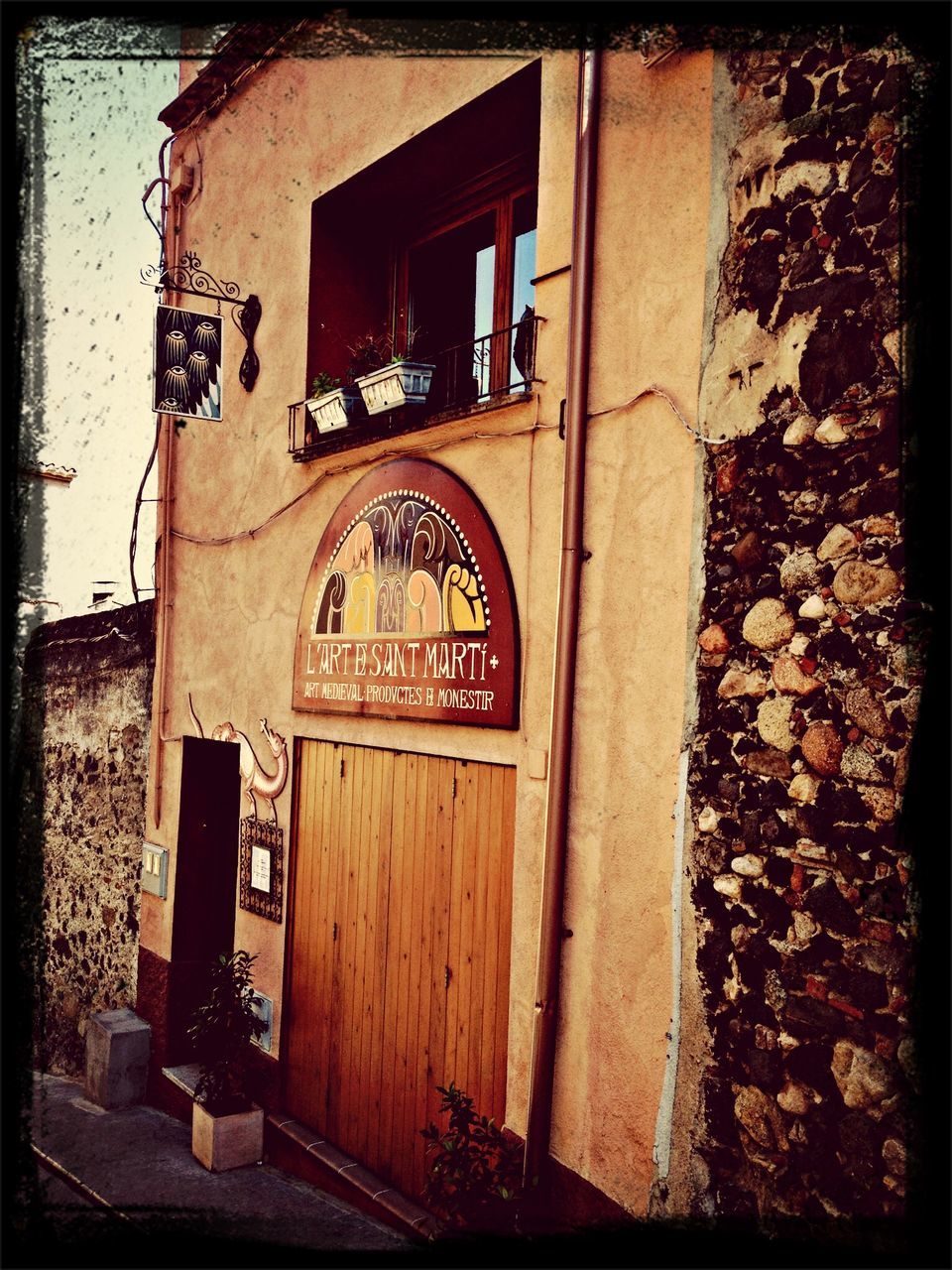 transfer print, building exterior, architecture, built structure, auto post production filter, text, door, communication, western script, house, closed, day, entrance, outdoors, old, wall - building feature, window, number, no people, information sign