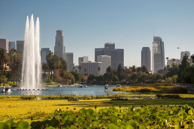 Echo park lake with downtown los angeles skyline in background