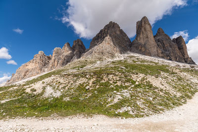 Low angle view of rock formations against sky