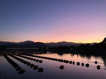 Scenic view of lake against clear sky during sunset