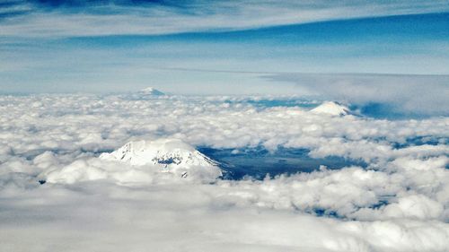 Aerial view of snowcapped landscape against sky