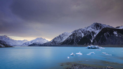 Scenic view of lake and snowcapped mountains against sky