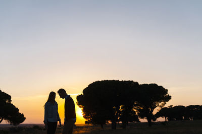 Silhouette people standing by tree against sky during sunset