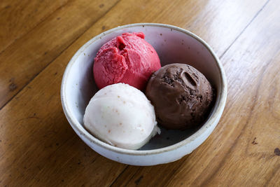 High angle view of ice cream in bowl on table