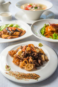 High angle view of food served on table