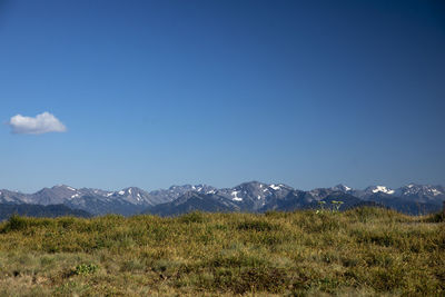 Scenic view of mountains against blue sky