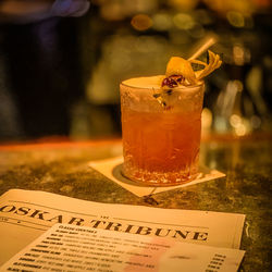 Close-up of drink on glass table