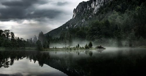 Scenic view of lake by trees against sky