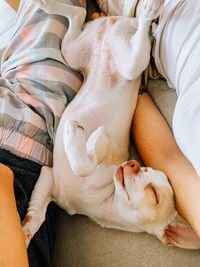 Low section of woman sleeping on bed at home