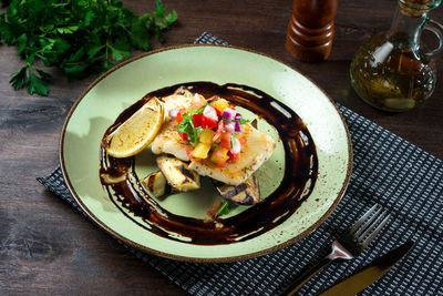 High angle view of food in plate on table