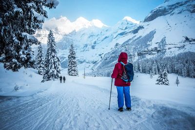 Rear view of person on snowcapped mountain against sky